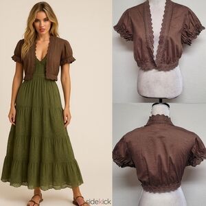 Old Navy Vintage Y2K Brown Lace Trim Puff Sleeve Tapered Hem Cropped Jacket L